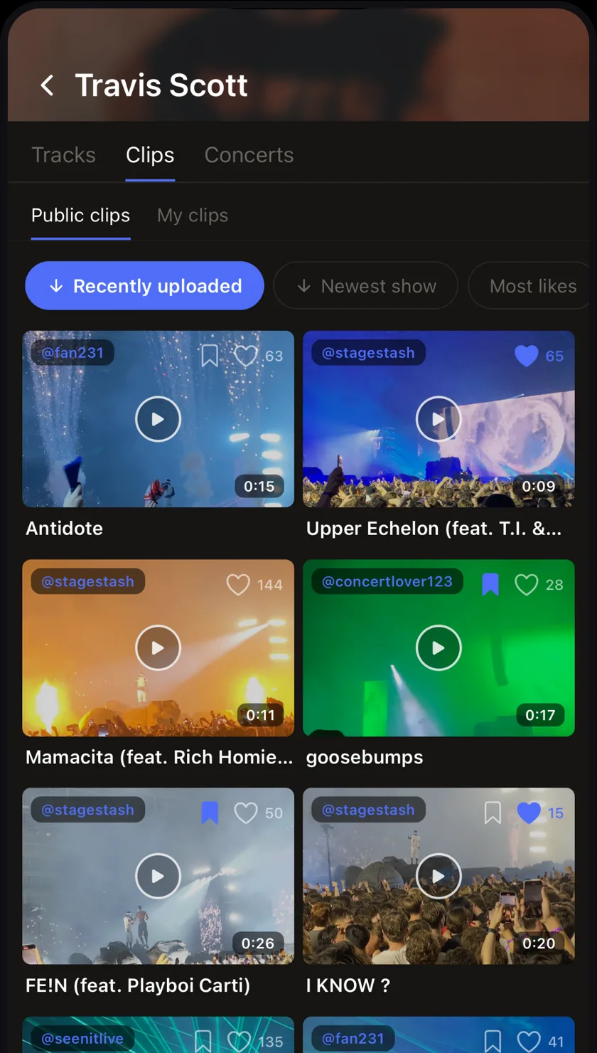 An artist page in StageStash with clips from fans