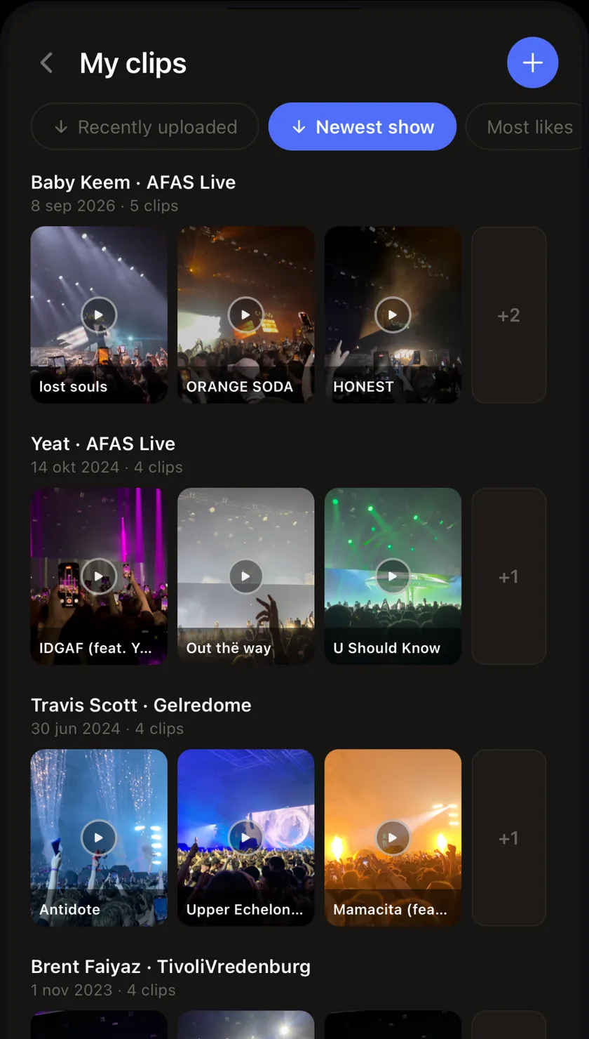 My clips in StageStash, grouped by concert